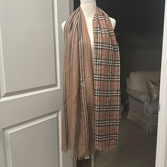Auth Burberry Check To Stripe Gauze Wool Silk Scarf Shawl Archive Beige 220x70cm - Picture 1 of 9